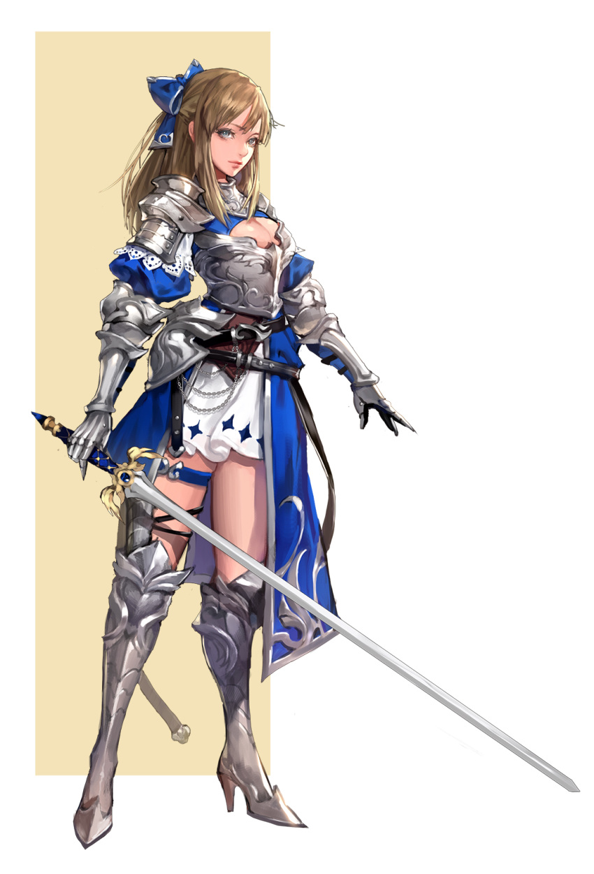 1girl armor belt blue_bow boots bow breasts brown_hair cleavage full_body gauntlets greaves grey_eyes hair_bow high_heel_boots high_heels highres holding holding_sword holding_weapon looking_at_viewer majo medium_breasts original puffy_sleeves solo standing sword thigh_strap weapon white_background