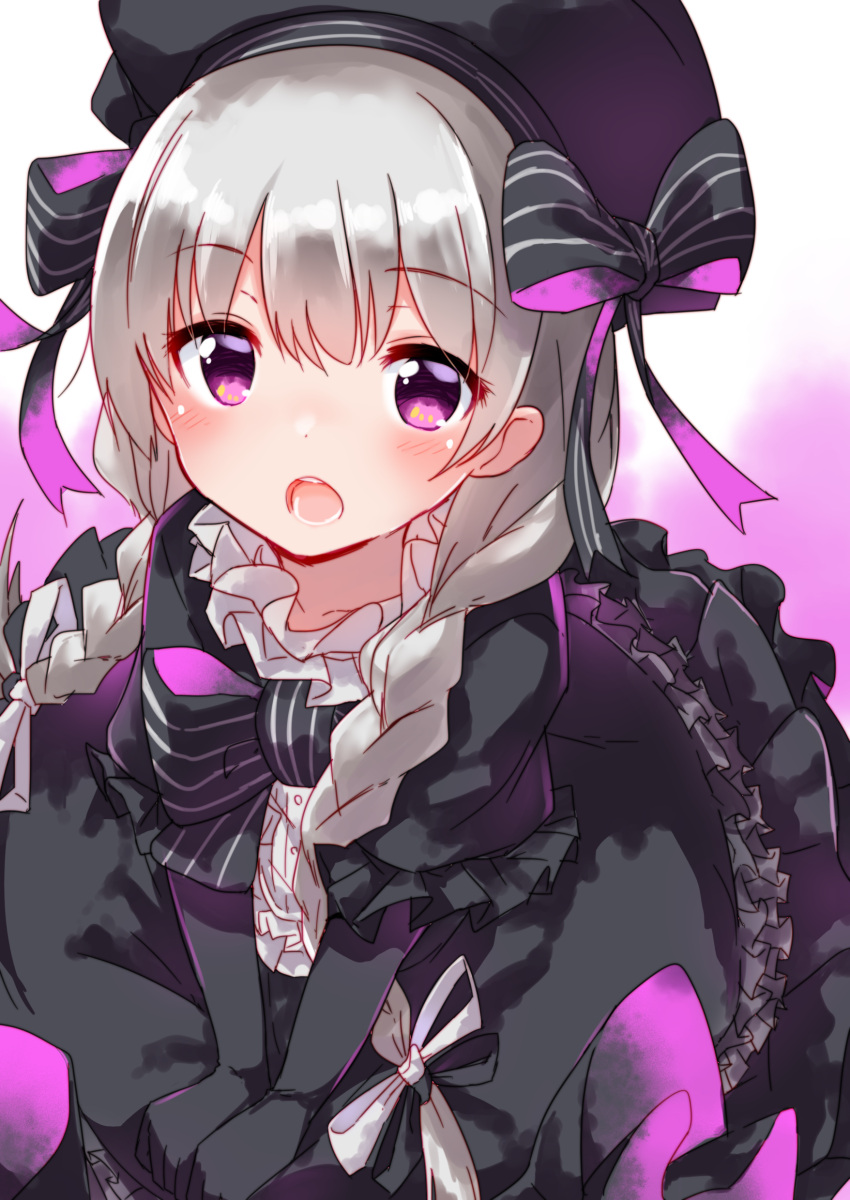 1girl absurdres black_dress black_gloves blush braid commentary_request dress eyebrows_visible_through_hair fate/extra fate_(series) frilled_dress frills gloves gothic_lolita hairband hat highres keshiks_(keshiksext) lolita_fashion lolita_hairband long_hair looking_at_viewer nursery_rhyme_(fate/extra) open_mouth ribbon solo twin_braids violet_eyes white_hair