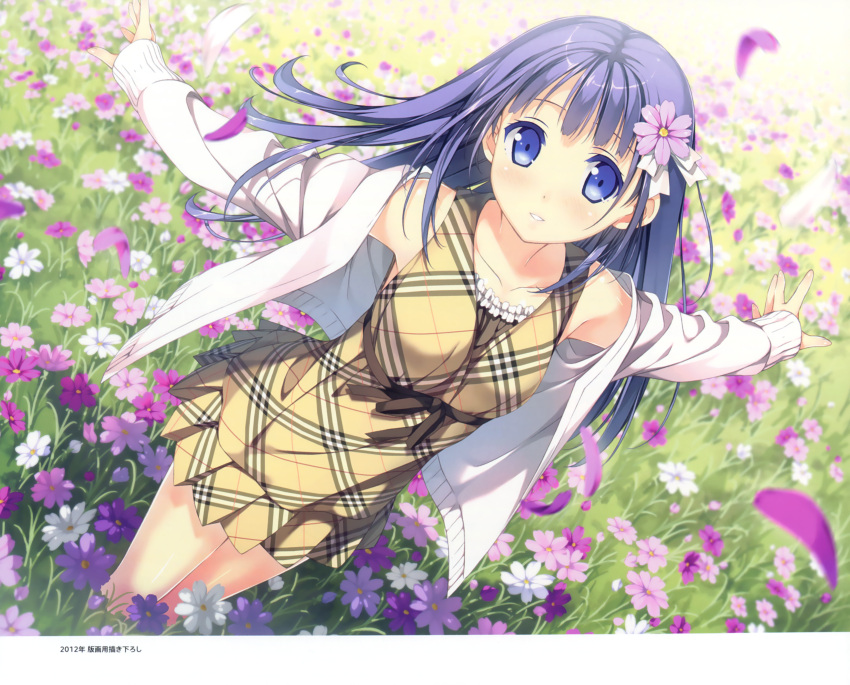1girl absurdres blue_eyes blue_hair cardigan collarbone dress dutch_angle field floating_hair flower flower_field grass hair_flower hair_ornament hair_ribbon highres kantoku long_hair looking_at_viewer open_cardigan open_clothes original outstretched_arms parted_lips pink_flower ribbon short_dress sleeveless sleeveless_dress solo sweater white_ribbon white_sweater yellow_dress