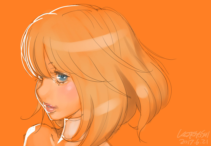 1girl blue_eyes close-up dated face food fruit highres kotoyoshi_yumisuke lips orange orange_background orange_hair original short_hair signature sketch solo