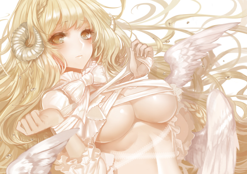 1girl angel_wings apt bangs blonde_hair blush bound bound_arms bow braid breasts commentary_request eyebrows eyebrows_visible_through_hair frilled_shirt_collar frilled_sleeves frills highres horns large_breasts long_hair looking_at_viewer midriff original sheep_horns solo under_boob upper_body very_long_hair white_background wings yellow_eyes