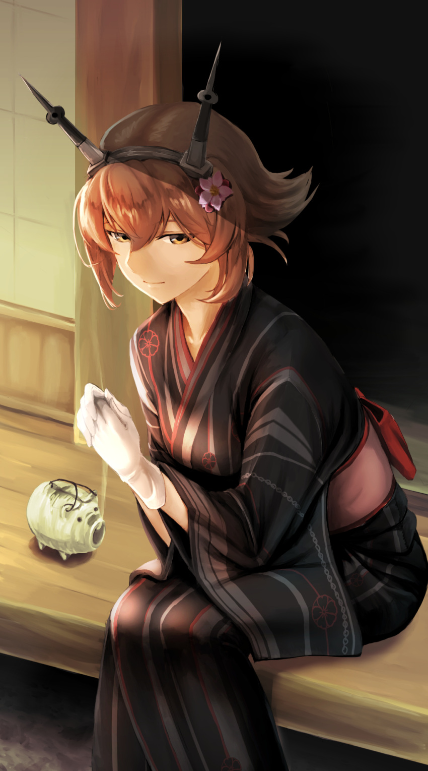 1girl blue_kimono brown_eyes brown_hair closed_mouth collarbone doorway flower gloves hair_between_eyes hair_flower hair_ornament headgear highres japanese_clothes kantai_collection kimono kokuzoo lips long_sleeves looking_at_viewer mutsu_(kantai_collection) obi sash short_hair sitting smile solo striped striped_kimono traditional_media white_gloves wide_sleeves wooden_floor yukata