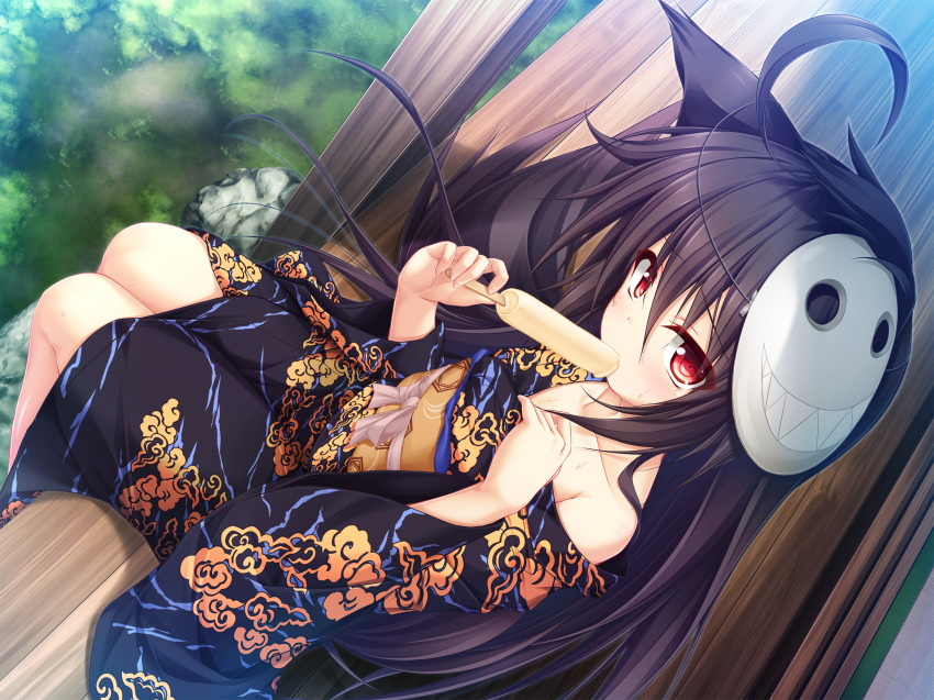 1girl ahoge animal_ears bangs bare_shoulders black_hair black_kimono day eyebrows_visible_through_hair food food_in_mouth fox_ears hair_between_eyes hands_up highres holding holding_food japanese_clothes kimono legs_together long_hair looking_at_viewer mask mask_on_head mizunoe_kotaru obi original outdoors red_eyes sash side_slit sitting solo thighs very_long_hair