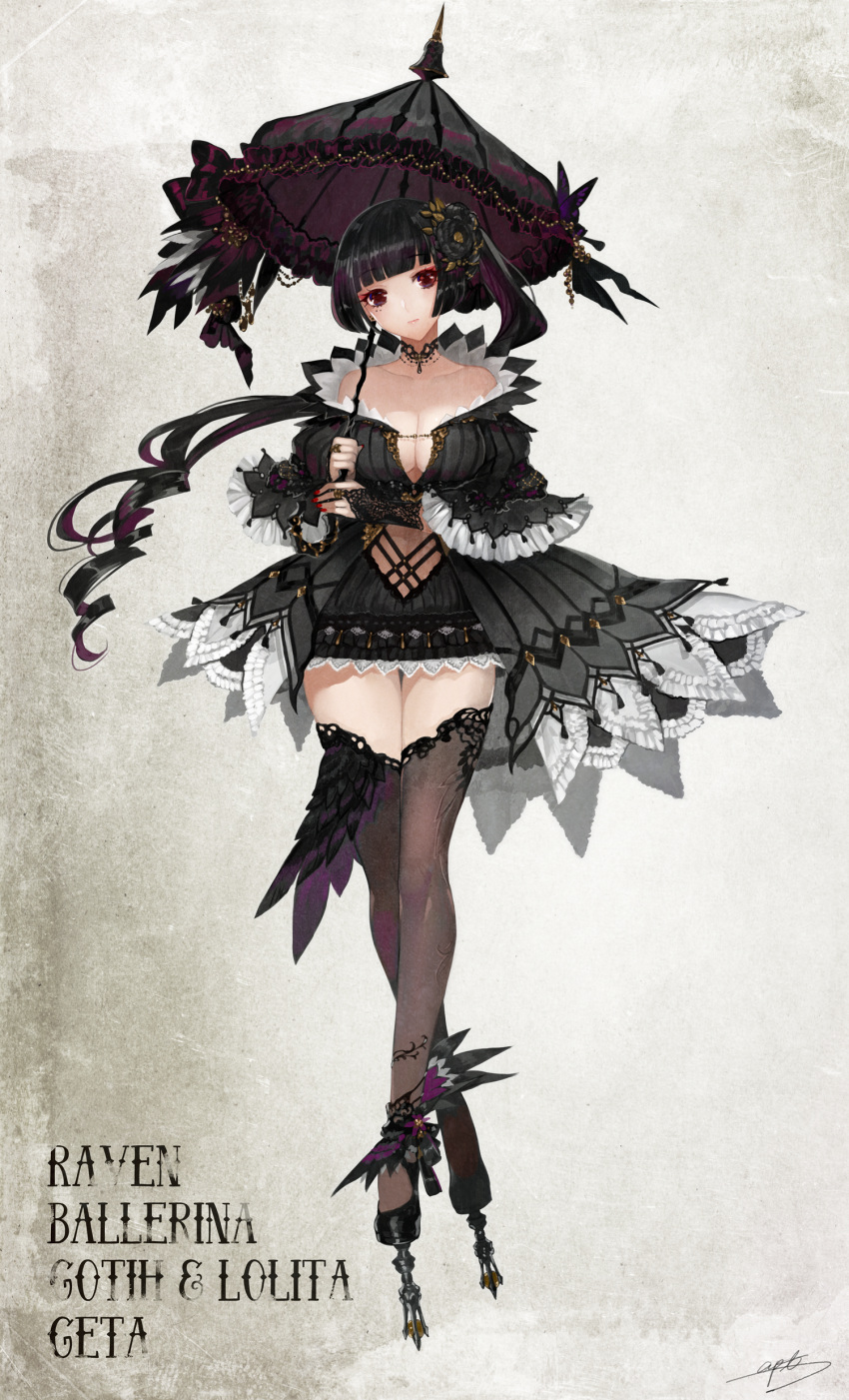 1girl absurdres apt bangs bare_shoulders black_dress black_eyes black_hair black_legwear black_rose blunt_bangs breasts bridal_gauntlets choker cleavage closed_mouth collarbone dress drill_hair flower frilled_dress frills full_body gothic_lolita hair_flower hair_ornament head_tilt highres holding holding_umbrella large_breasts lolita_fashion long_hair long_sleeves looking_at_viewer nail_polish off-shoulder_dress off_shoulder original parasol red_nails rose short_dress side_ponytail solo standing thigh-highs umbrella very_long_hair wide_sleeves