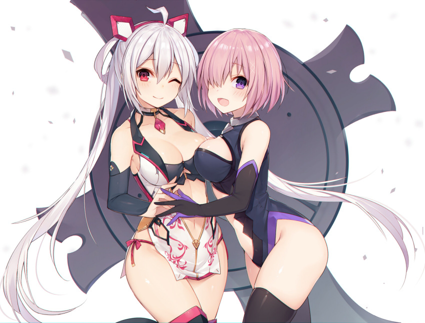 2girls :d ;) ahoge bangs black_gloves black_legwear black_leotard blush breasts cleavage closed_mouth collarbone detached_sleeves elbow_gloves fate/grand_order fate_(series) gloves hair_between_eyes hair_over_one_eye hairband hand_holding highres large_breasts leotard long_hair looking_at_viewer matoi_(pso2) multiple_girls muryou navel one_eye_closed open_mouth phantasy_star phantasy_star_online_2 red_eyes shield shielder_(fate/grand_order) short_hair sidelocks silver_hair smile thigh-highs thighs twintails violet_eyes