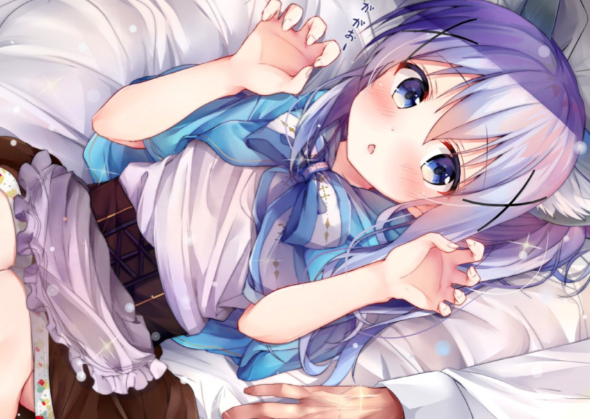 1girl :o animal_ears apron bangs bed_sheet blue_capelet blue_eyes blush bow bowtie brown_skirt chestnut_mouth claw_pose commentary_request corset eyebrows_visible_through_hair flat_chest floral_print frilled_apron frills from_above gao gochuumon_wa_usagi_desu_ka? hair_between_eyes hair_ornament kafuu_chino kemonomimi_mode light_blue_hair long_hair long_sleeves looking_at_viewer lying on_back open_mouth ponytail rouka_(akatyann) shirt sidelocks skirt striped striped_bow striped_bowtie waist_apron white_apron white_shirt wolf_ears x_hair_ornament