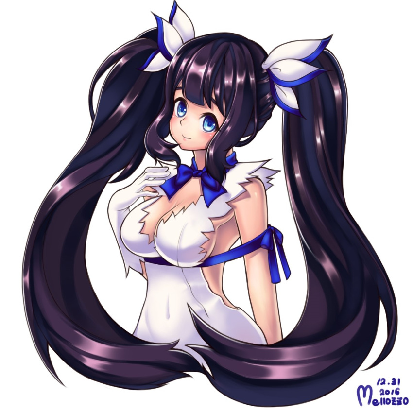 1girl artist_name black_hair blue_ribbon blush breasts cleavage closed_mouth dated dungeon_ni_deai_wo_motomeru_no_wa_machigatteiru_darou_ka elbow_gloves gloves hair_ribbon hestia_(danmachi) highres large_breasts long_hair looking_at_viewer mellozzo ribbon smile solo twintails upper_body white_gloves white_ribbon