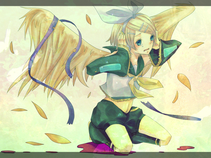 blonde_hair blue_eyes crying full_body hair_ornament hairclip highres kagamine_rin kneeling midriff solo tears vocaloid wings