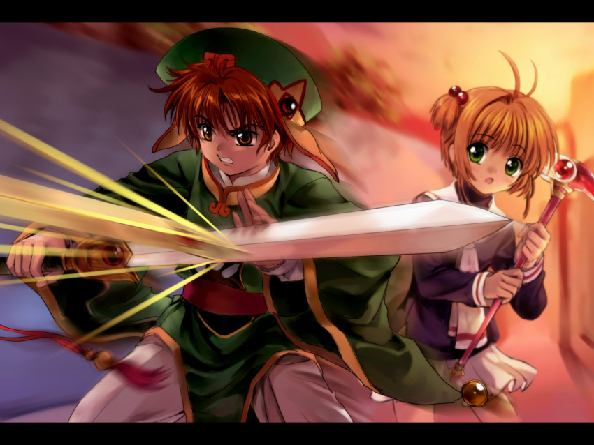 battle brown_eyes brown_hair card_captor_sakura cardcaptor_sakura fuuin_no_tsue green_eyes hair_bobbles hair_ornament hat highres kinomoto_sakura li_syaoran li_xiaolang magical_girl moonknives mutsuki_(moonknives) short_hair sword sword_(clow_card) wallpaper weapon