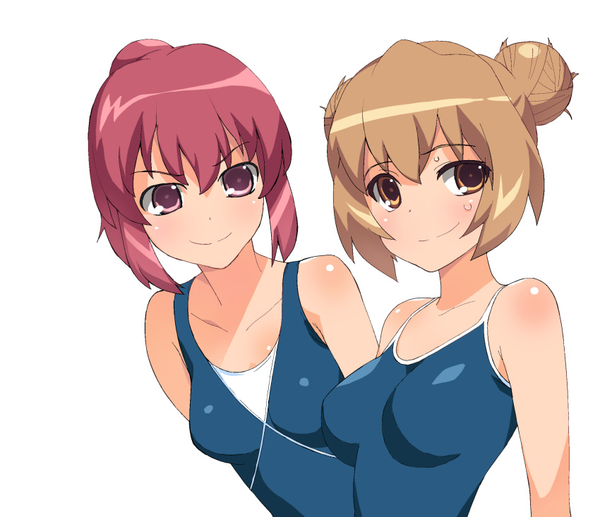 aisaka_taiga alternate_hairstyle brown_eyes brown_hair competition_swimsuit hair_bun highres initial-g kushieda_minori one-piece_swimsuit pink_eyes red_hair school_swimsuit smile sweat swimsuit swimsuit toradora!