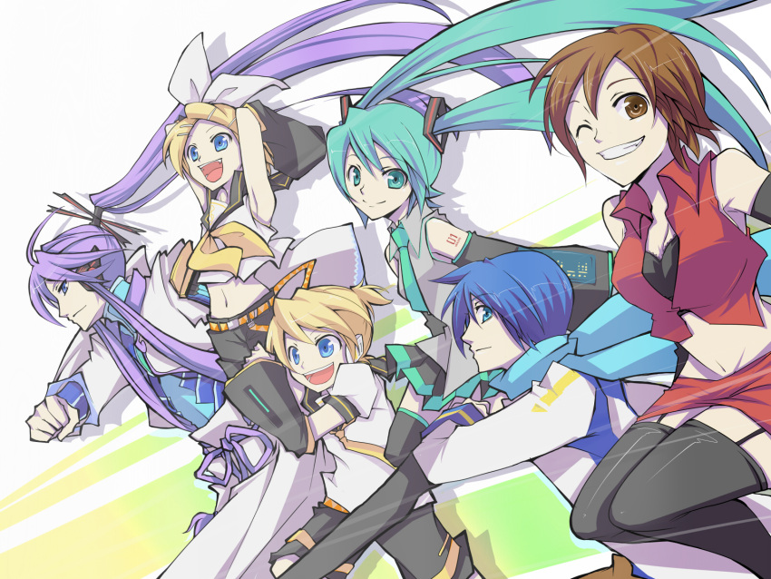 3boys 3girls belt blonde_hair blue_eyes blue_hair bow brown_eyes brown_hair garter_belt garter_straps green_eyes green_hair hairclip haru_aki hatsune_miku headphones highres kagamine_len kagamine_rin kaito kamui_gakupo meiko midriff navel necktie pleated_skirt ponytail purple_hair ribbon running samurai scarf serafuku short_hair shorts skirt tattoo thighhighs twintails very_long_hair vocaloid