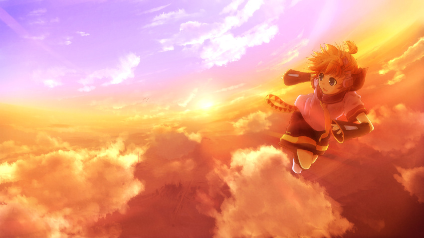 absurdres bad_id blonde_hair blue_eyes cloud flying highres hirobakar horizon kagamine_len male motion_blur scenery scenic sky solo sunrise vocaloid