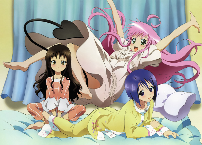 absurdres barefoot bed blue_hair brown_hair green_eyes highres lala_satalin_deviluke lingerie long_hair multiple_girls nightgown pajamas pillow pink_hair purple_eyes sairenji_haruna short_hair soles tail to_love-ru to_love_ru underwear very_long_hair yellow_eyes yuuki_mikan