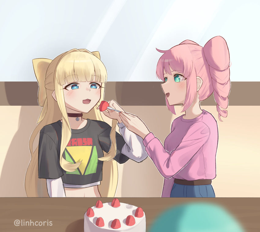 3girls absurdres aqua_eyes birthday black_choker black_shirt blonde_hair blue_eyes bow cake choker drill_hair english_commentary food fork fruit green_hair hair_bow hair_intakes hanabishi_haruka highres holding holding_fork layered_sleeves linhcoris long_hair long_sleeves mahou_shoujo_ni_akogarete minakami_sayo multiple_girls navel open_mouth pink_hair pink_shirt shirt short_over_long_sleeves short_sleeves sidelocks strawberry strawberry_shortcake tenkawa_kaoruko twin_drills twitter_username white_undershirt yellow_bow