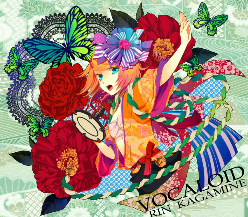 bandages bell butterfly camellia_(flower) flower hair_ornament highres japanese_clothes kagamine_rin kimono macco multicolored_hair peony_(flower) rope sarashi short_hair solo vocaloid