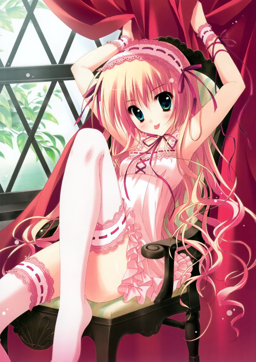 :p absurdres blonde_hair blurry blush dress green_eyes hairband highres long_hair ribbon ryohka ryouka_(suzuya) sitting solo thigh-highs thighhighs tongue