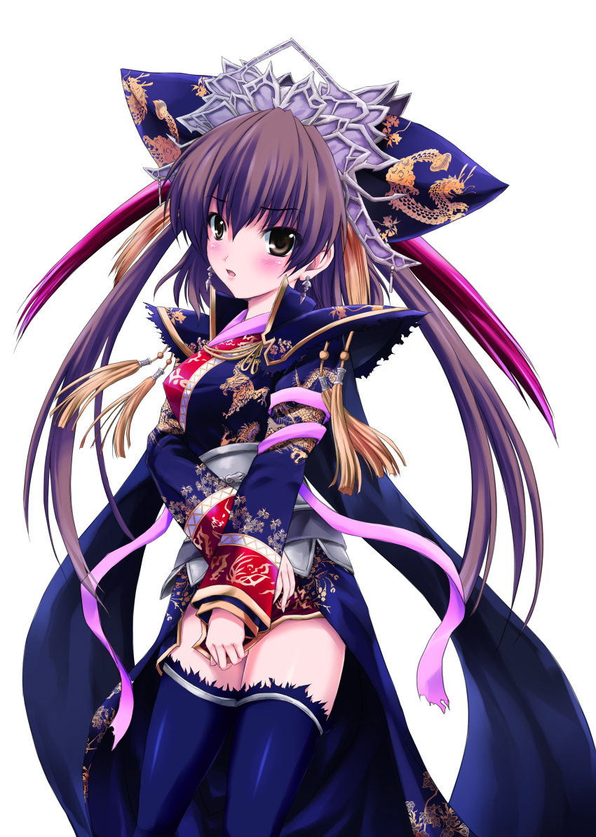 absurdres blush brown_eyes brown_hair chinese_clothes hair_ornament highres kazanagare long_hair sangokushi_taisen simple_background solo thigh-highs thighhighs touhaku twintails very_long_hair