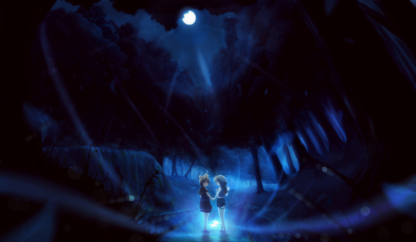 bad_id dark forest hand_holding highres hirobakar holding_hands kagamine_len kagamine_rin lens_flare moon nature night scenery siblings twins vocaloid water