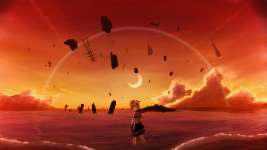 bad_id cloud highres hirobakar kagamine_len looking_back male moon ocean ruins scenery scenic sky solo standing vocaloid wading water