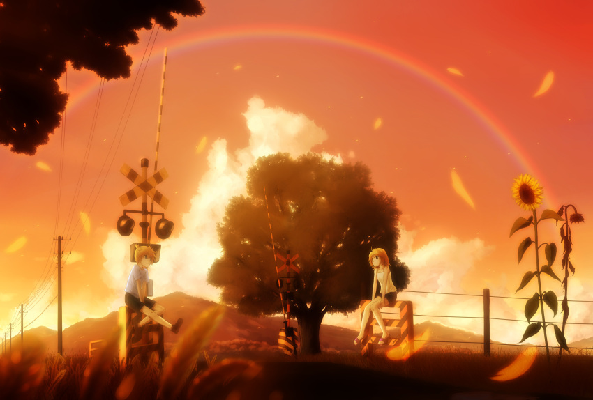 bad_id blonde_hair blurry casual cloud depth_of_field dusk feathers flower highres hirobakar kagamine_len kagamine_rin polychromatic power_lines railroad_crossing rainbow sandals scenery short_hair siblings sitting sky sunflower tree twins vocaloid young
