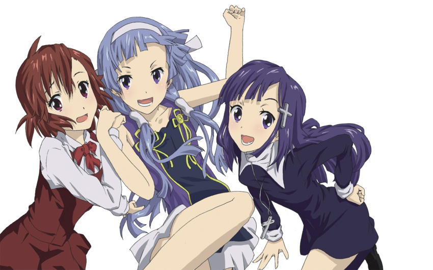 3girls :d aoba_tsugumi black_hair blue_hair blunt_bangs brown_hair cross highres kannagi nagi open_mouth purple_eyes red_eyes school_uniform smile white_background zange