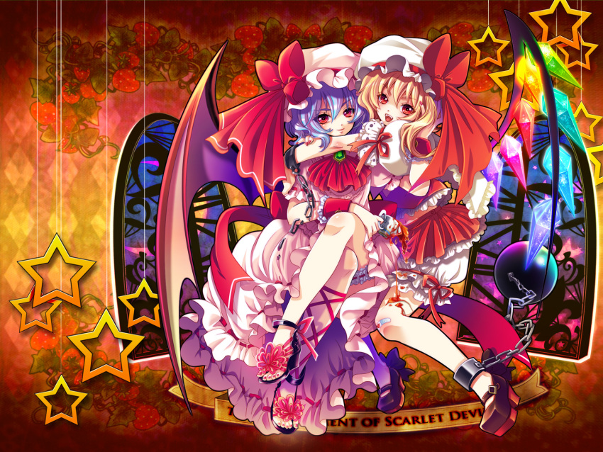 ankle_cuffs crystal cuffs flandre_scarlet hat highres multiple_girls remilia_scarlet sandals shima_chiyo shima_tiyo siblings sisters touhou wallpaper wings wrist_cuffs