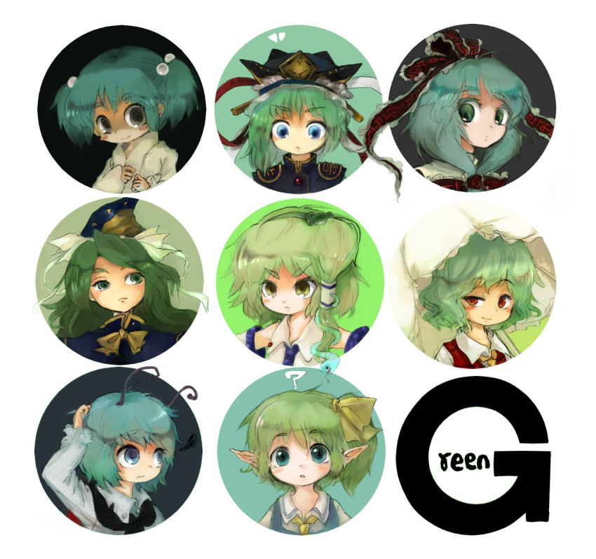 ? antennae ascot blue_eyes blush_stickers bow cape daiyousei detached_sleeves english frog front_ponytail green green_eyes green_hair grey_eyes hair_bobbles hair_bow hair_ornament hair_ribbon hair_tubes hairband hat highres k_no_hito kagiyama_hina kazami_yuuka kisume kochiya_sanae long_hair mima multiple_girls plaid_vest pointy_ears raised_eyebrow ribbon scratching_head shikieiki_yamaxanadu short_hair side_ponytail snake sun touhou twintails umbrella wizard_hat wriggle_nightbug