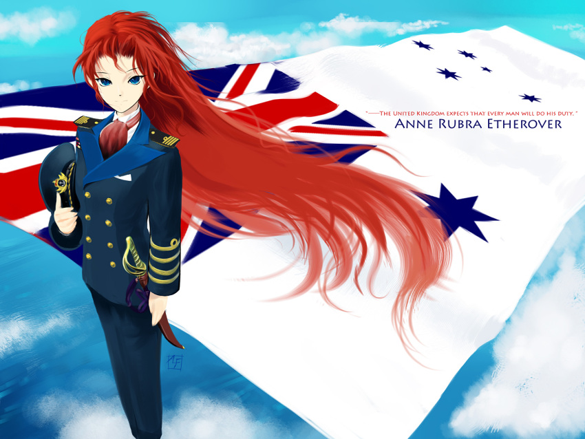 australia bad_id blue_eyes english flag long_hair military military_uniform original red_hair redhead uniform union_jack united_kingdom very_long_hair wind