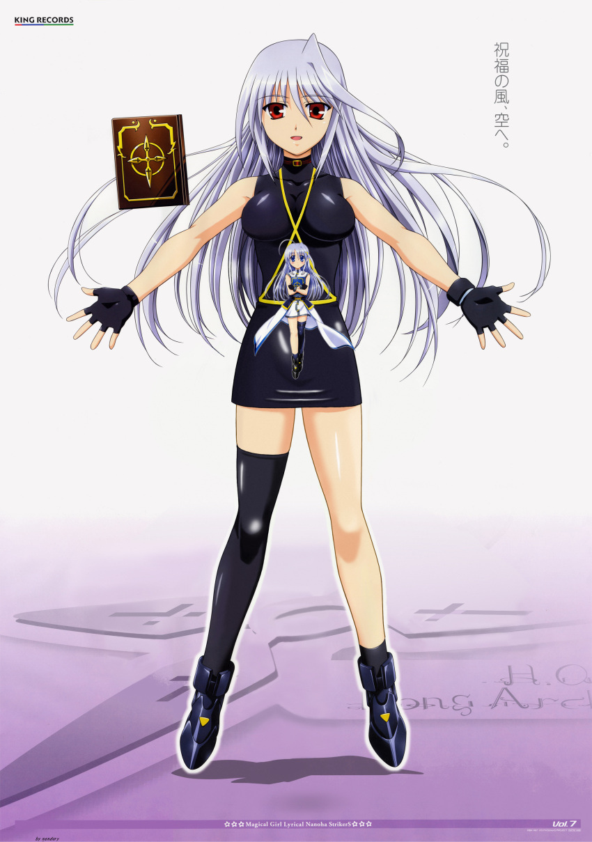 absurdres asymmetrical_clothes blue_eyes blue_hair blush book book_of_the_azure_sky dress fingerless_gloves gloves highres long_hair mahou_shoujo_lyrical_nanoha mahou_shoujo_lyrical_nanoha_a's mahou_shoujo_lyrical_nanoha_a's mahou_shoujo_lyrical_nanoha_strikers multiple_girls official_art one_thighhigh red_eyes reinforce reinforce_zwei single_thighhigh thighhighs time_paradox tome_of_the_night_sky