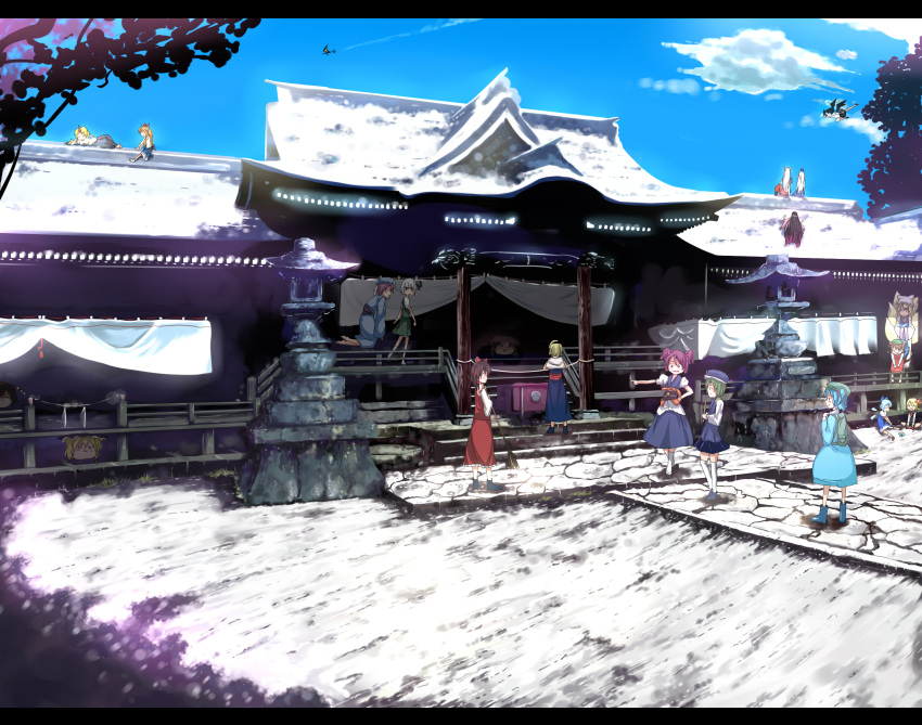 amaneko bad_id broom broom_riding building camera chen cirno condensation_trail contrail fujiwara_no_mokou hakurei_reimu highres horn hoshiguma_yugi hoshiguma_yuugi houraisan_kaguya ibuki_suika kamishirasawa_keine kawashiro_nitori kimeemaru kirisame_marisa konpaku_youmu light onozuka_komachi playing pointing praying rod_of_remorse rooftop rumia ryouma_(galley) saigyouji_yuyuko shameimaru_aya shikieiki_yamaxanadu shrine snow stone stone_lantern tail tail_wagging temple touhou wagging yakumo_ran yukkuri_shiteitte_ne