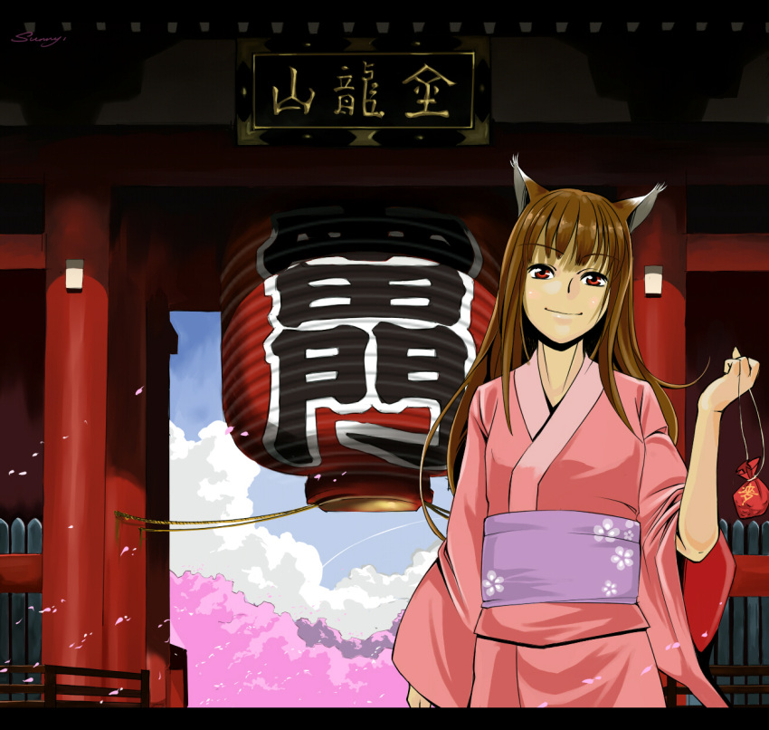 highres holo japanese_clothes kimono long_hair red_eyes smile spice_and_wolf sunway