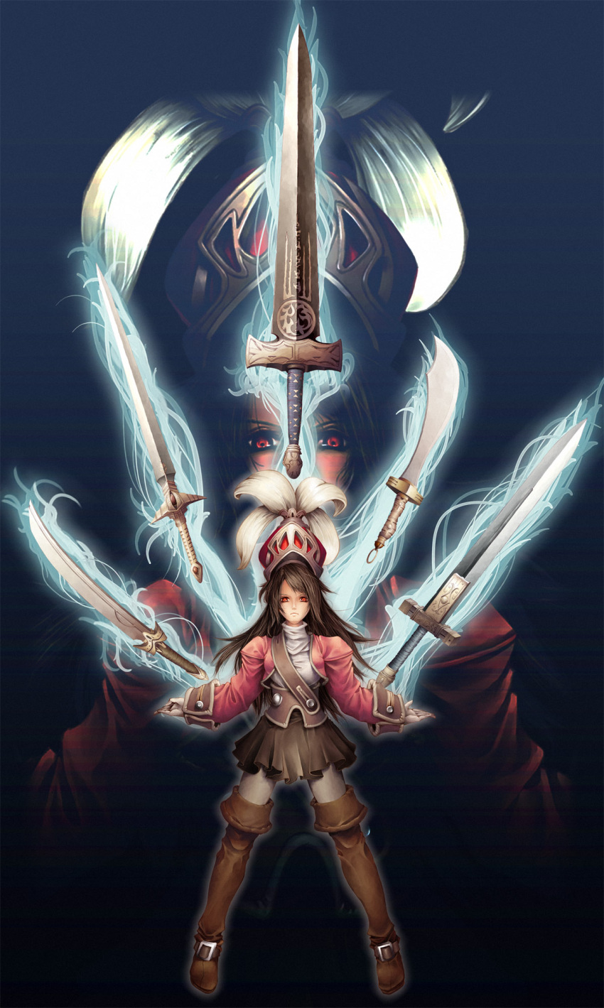 armor brown_hair final_fantasy final_fantasy_tactics hat highres onion_knight onion_knight_(fft) red_eyes skirt solo sword weapon zoom_layer