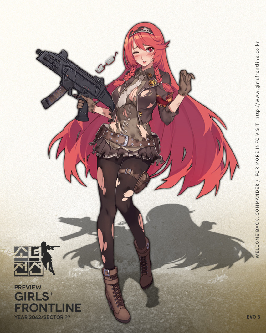 1girl bangs black_legwear blush boots breasts brown_boots brown_gloves character_name cleavage copyright_name cz_scorpion_evo_3 evo_3_(girls_frontline) eyebrows_visible_through_hair full_body girls_frontline glasses glasses_removed gloves gun hairband hands_up highres holding holding_gun holding_weapon korean kugi_ta_hori_taira long_hair looking_at_viewer medium_breasts miniskirt official_art one_eye_closed pantyhose parted_lips pleated_skirt semi-rimless_glasses shadow skirt solo submachine_gun torn_clothes torn_pantyhose trigger_discipline under-rim_glasses watermark weapon web_address