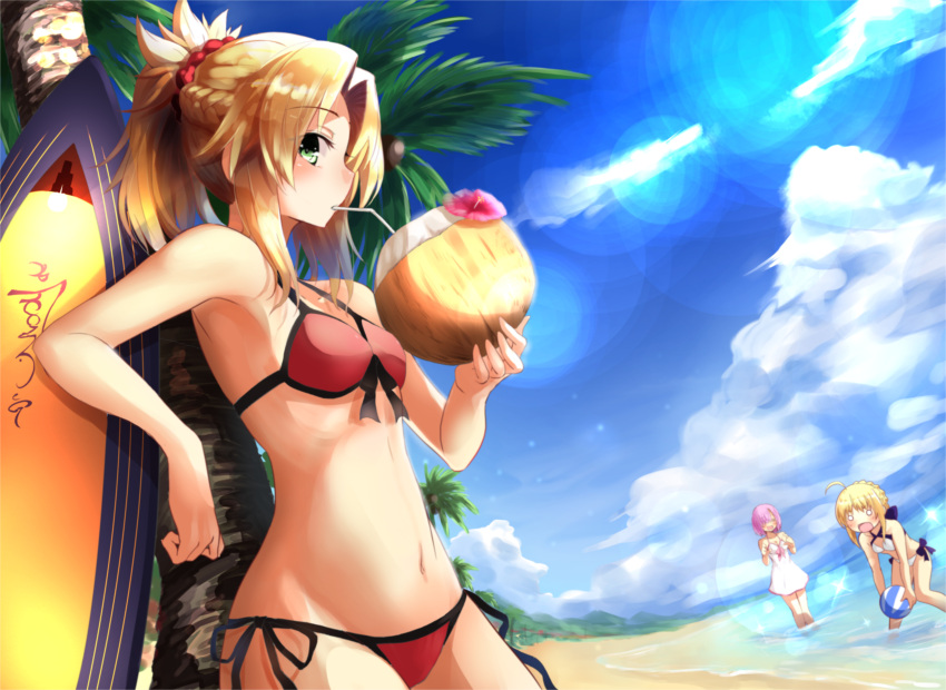 3girls absurdres ahoge artoria_pendragon_(all) blonde_hair blush breasts cleavage closed_eyes coconut drinking_straw eyebrows_visible_through_hair fate_(series) flower fuu_(fuore) green_eyes highres looking_at_another looking_at_viewer medium_breasts multiple_girls navel parted_lips pink_hair saber saber_of_red shielder_(fate/grand_order) short_hair smile standing surfboard swimsuit