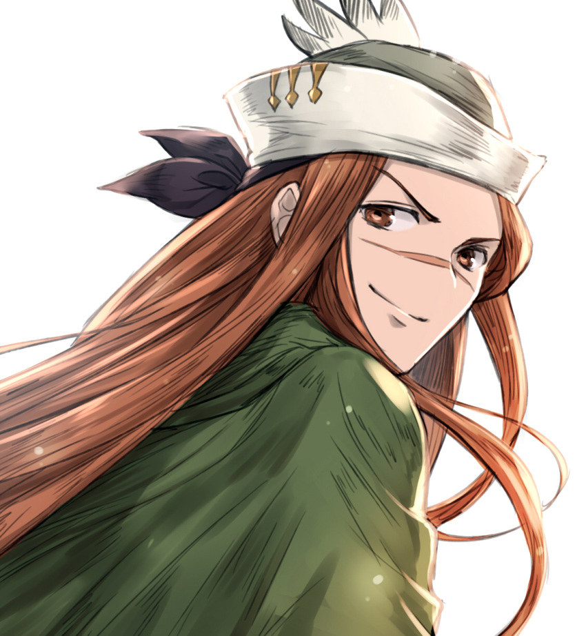 1boy back brown_eyes brown_hair cape feathers granblue_fantasy hat highres long_hair male_focus portrait scar simple_background solo walder white_background
