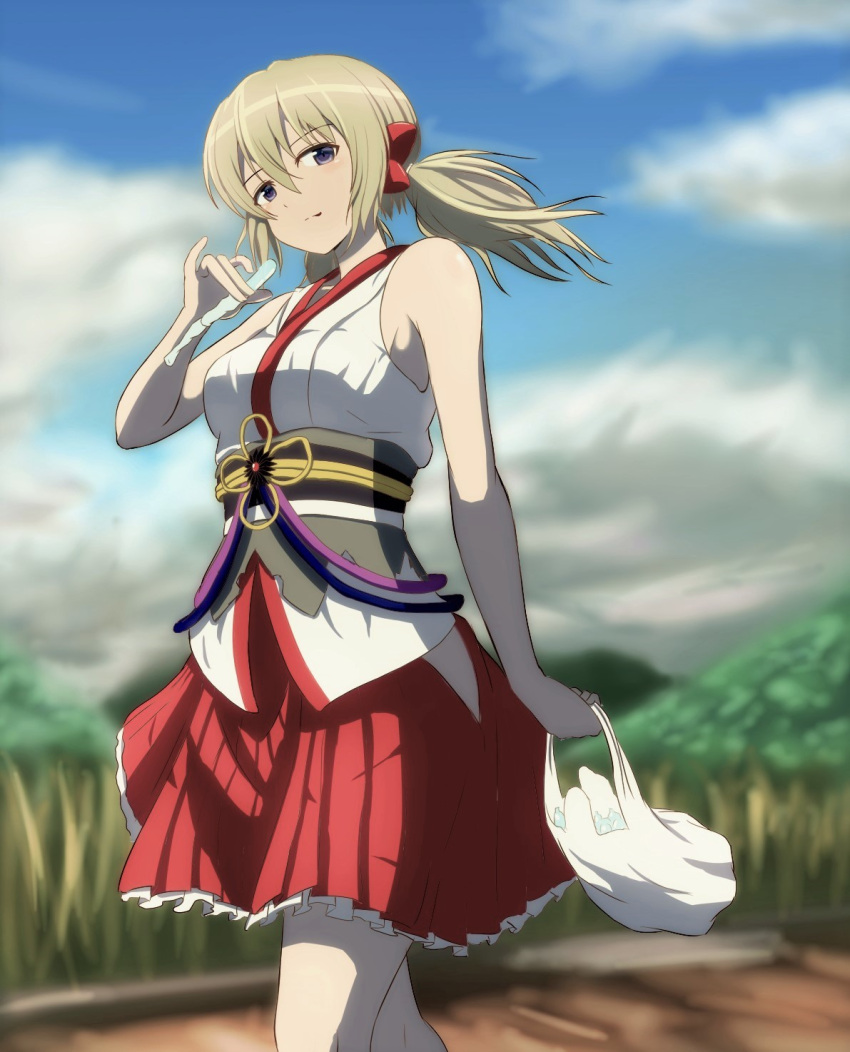 1girl :p bag bangs bare_arms bare_shoulders blonde_hair blue_sky blurry bow breasts clouds cloudy_sky cowboy_shot depth_of_field furiruno hair_between_eyes hair_bow hakama_skirt highres kafuru_(senran_kagura) long_hair looking_at_viewer low_twintails medium_breasts nontraditional_miko obi outdoors plastic_bag red_bow sash senran_kagura senran_kagura_(series) senran_kagura_estival_versus sky smile solo standing sunlight tongue tongue_out tupet twintails violet_eyes