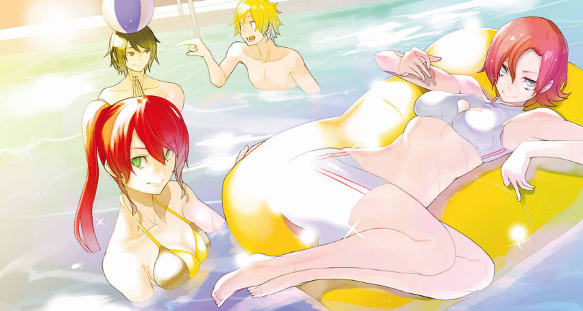 2boys 2girls abs bikini breasts cleavage jaune_arc lie_ren multiple_boys multiple_girls nora_valkyrie official_art pool pool_ladder pyrrha_nikos rwby sunlight swimming swimsuit yasuda_suzuhito