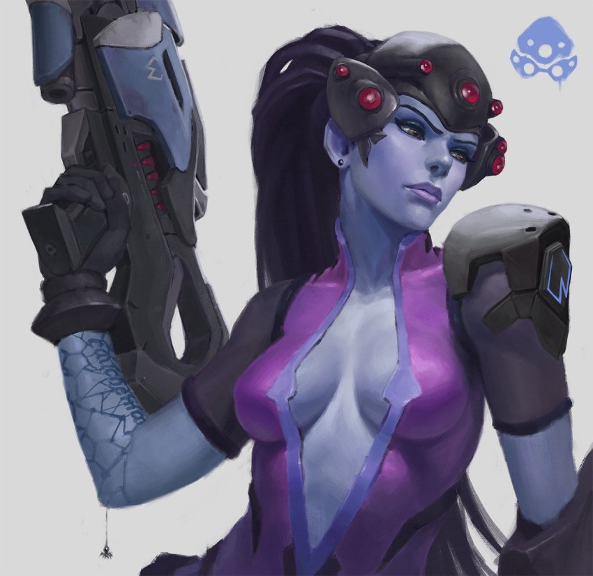 1girl arm_tattoo bodysuit breasts earrings gloves gun head_mounted_display highres holding holding_gun holding_weapon jewelry lips long_hair looking_to_the_side medium_breasts nick_gan nose overwatch pink_bodysuit ponytail purple_hair purple_skin rifle solo stud_earrings tattoo upper_body weapon widowmaker_(overwatch) yellow_eyes