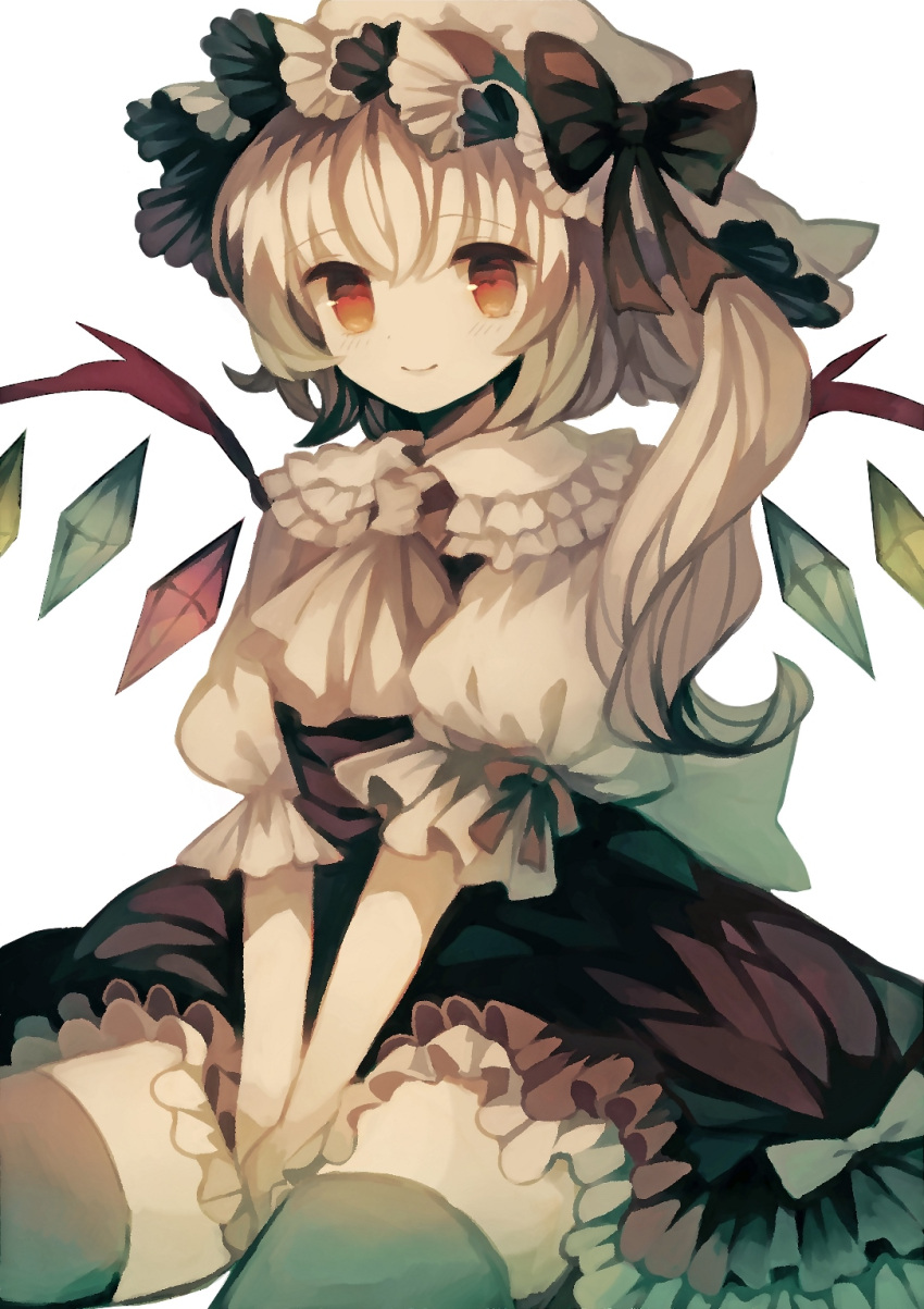 1girl ascot bangs blonde_hair blush bow commentary_request crystal flandre_scarlet frilled_shirt_collar frills hat hat_bow highres looking_at_viewer marker_(medium) mob_cap orange_eyes puffy_short_sleeves puffy_sleeves red_bow red_skirt red_vest short_sleeves side_ponytail sitting skirt smile solo thigh-highs touhou traditional_media v_arms vest wings wiriam07