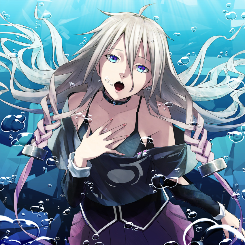 ahoge aqua_eyes black_bra black_collar blue_eyes bra braid breasts bubble commentary_request detached_sleeves gradient_hair hand_on_own_chest highres ia_(vocaloid) large_breasts lipstick long_hair looking_at_viewer makeup multicolored multicolored_eyes multicolored_hair nail_polish off_shoulder open_mouth pink_lipstick pink_nails purple_hair purple_skirt shirt silver_hair skirt submerged sugi_214 twin_braids underwater underwear upper_body vocaloid