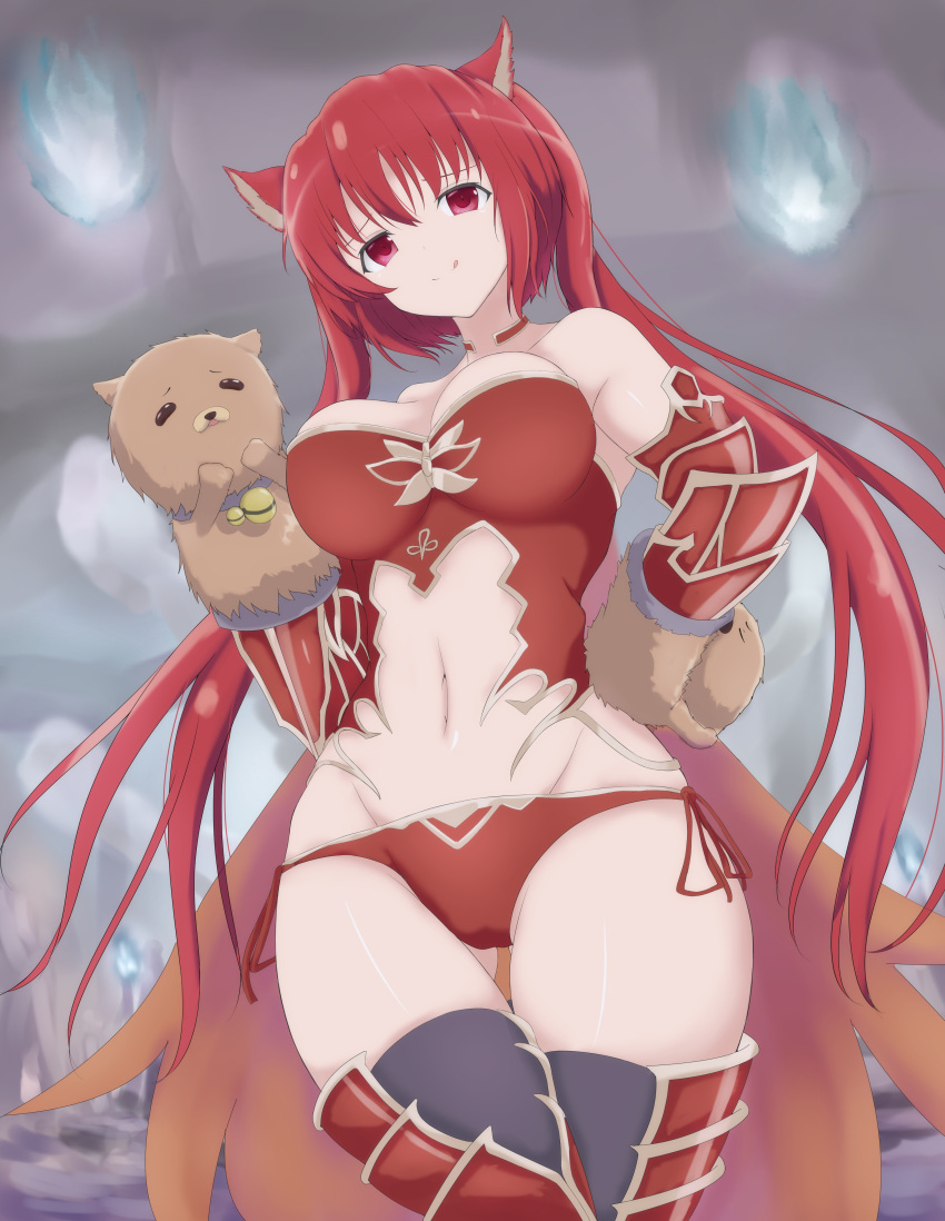 1girl :q absurdres animal_ears ass_visible_through_thighs bangs bare_shoulders black_legwear breasts cerberus_(shingeki_no_bahamut) choker corset dog_ears female furiruno gauntlets gluteal_fold greaves groin half_choker hand_on_hip hand_puppet highres large_breasts looking_at_viewer lowleg_panties midriff mound_of_venus navel panties posing puppet red_choker red_corset red_eyes red_gauntlets red_greaves red_panties red_tubetop redhead shingeki_no_bahamut side-tie_panties smile solo standing stomach strapless thigh-highs thigh_gap tongue tongue_out tubetop twintails underwear very_long_hair wide_hips