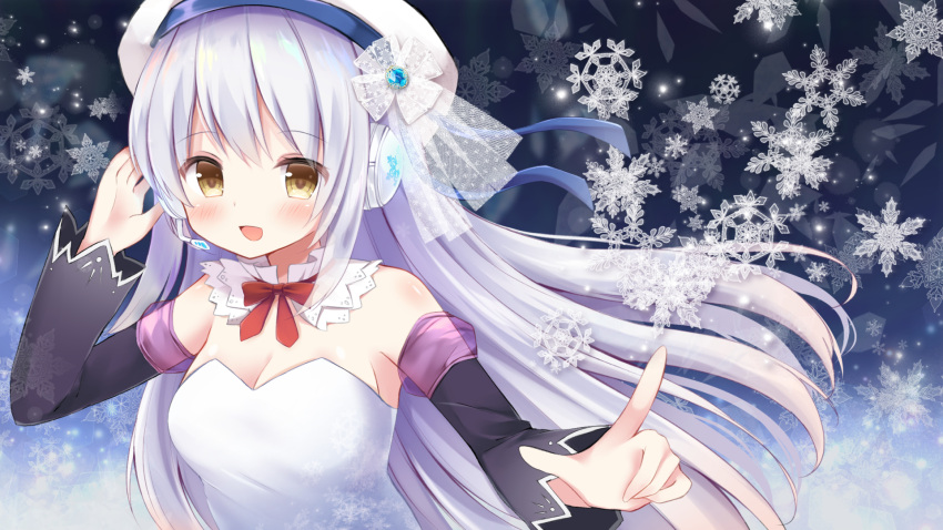 1girl bare_shoulders blush breasts cleavage eyebrows_visible_through_hair hat highres index_finger_raised long_hair looking_at_viewer masayo_(gin_no_ame) medium_breasts original parted_lips silver_hair smile snowflakes solo upper_body white_hat yellow_eyes