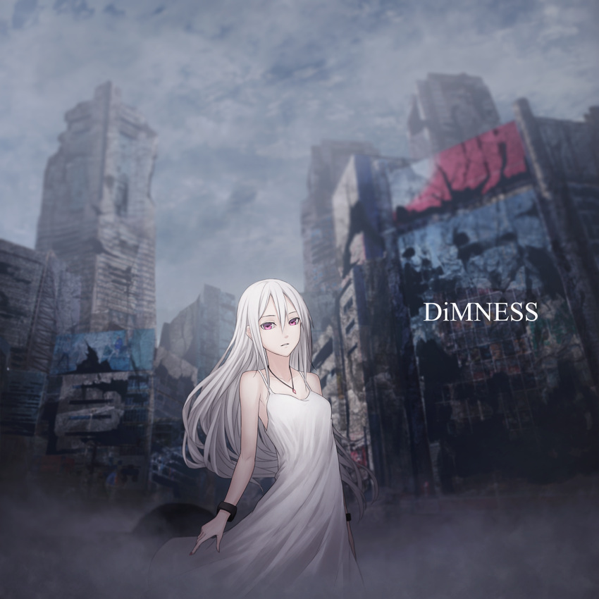 armlet bangs breasts building cityscape clouds cloudy_sky commentary_request dress english hair_between_eyes highres jewelry long_hair looking_at_viewer necklace open_hand open_mouth original post-apocalypse ruins sky small_breasts standing sugi_214 upper_body violet_eyes white_dress white_hair