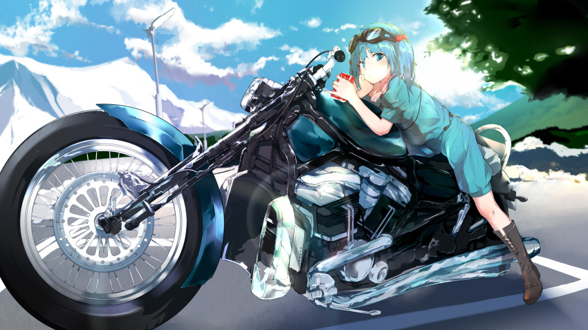 1girl blue_eyes blue_hair boots brown_boots can day goggles goggles_on_head ground_vehicle highres holding holding_can kawashiro_nitori looking_at_viewer motor_vehicle motorcycle outdoors sakushou solo summer touhou two_side_up