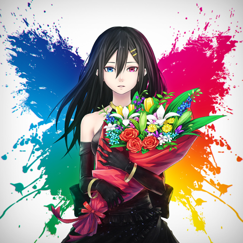 1girl album_cover bare_shoulders black_dress black_frills black_gloves black_hair blue_eyes bouquet commentary_request cover dress elbow_gloves flower flower_request gloves hair_between_eyes hair_ornament hairpin heterochromia highres holding holding_bouquet jewelry long_hair looking_at_viewer original paint_splatter pink_eyes red_ribbon ribbon rose solo sugi_214 upper_body