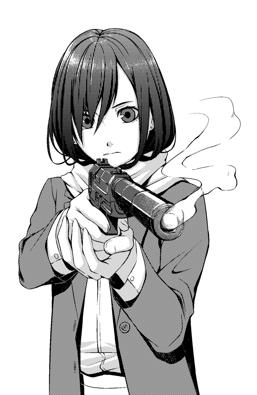 1girl aiming_at_viewer bangs buttons coat commentary_request foreshortening gun h&amp;k_usp hair_between_eyes halftone hamada_youho hand_on_hand handgun heckler_&amp;_koch highres holding holding_gun holding_weapon looking_at_viewer medium_hair open_clothes open_coat original scarf simple_background smoke smoking_gun solo trigger_discipline upper_body weapon white_background