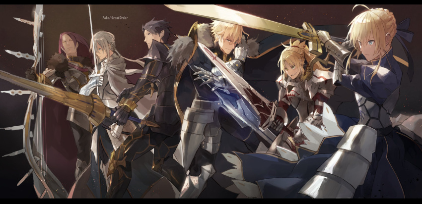2girls 4girls armor bedivere black_hair blonde_hair braid cape dress fate/grand_order fate_(series) fur_trim gauntlets gawain_(fate/extra) greaves green_eyes harp highres instrument knights_of_the_round_table_(fate) lancelot_(fate/grand_order) mono_(jdaj) multiple_girls one_eye_closed ponytail saber_of_red silver_hair sword tristan_(fate/grand_order) violet_eyes weapon yellow_eyes