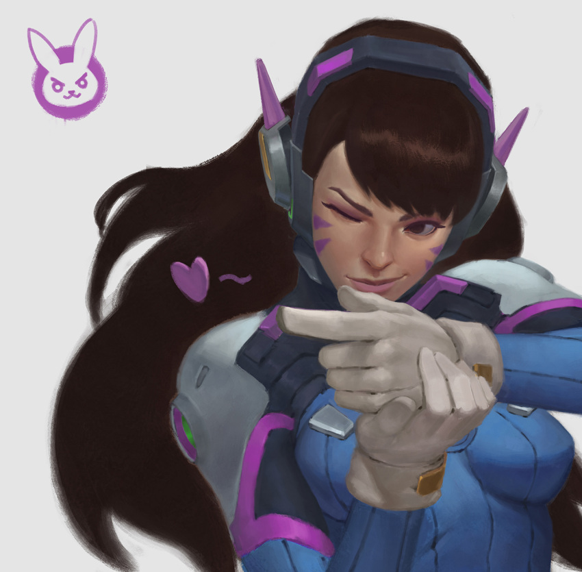 1girl aiming bangs blue_bodysuit bodysuit breasts brown_eyes brown_hair d.va_(overwatch) emblem facepaint facial_mark facing_viewer gloves headphones heart high_collar highres light_smile long_hair looking_away medium_breasts nick_gan one_eye_closed overwatch pilot_suit pink_lips ribbed_bodysuit shoulder_pads simple_background skin_tight solo spoken_heart swept_bangs upper_body whisker_markings white_background white_gloves