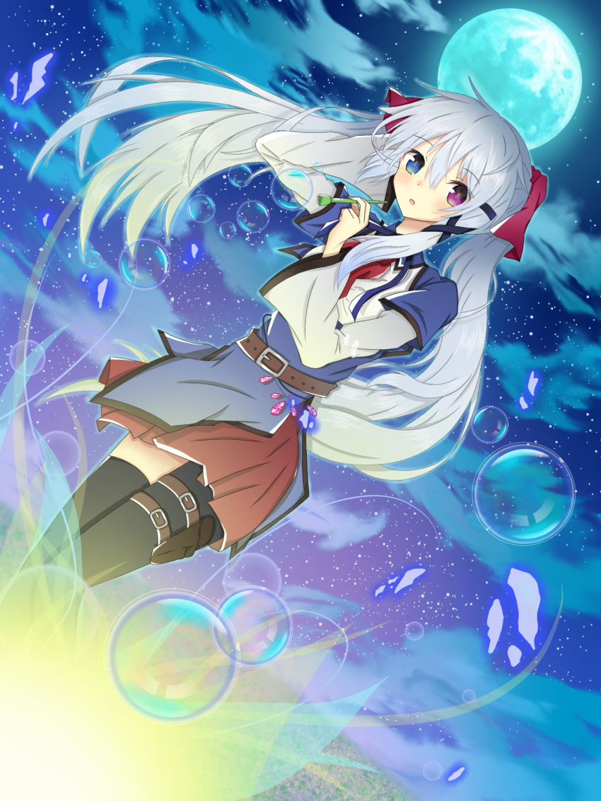 1girl asymmetrical_legwear belt black_legwear blue_eyes bubble bubble_blowing bubble_pipe clouds cloudy_sky dutch_angle eyebrows_visible_through_hair full_moon gem grey_hair hair_ribbon hand_behind_head hand_up heterochromia highres holding iumi_urura long_hair long_sleeves looking_at_viewer miniskirt moon night night_sky original outdoors parted_lips ribbon short_over_long_sleeves skirt sky solo star_(sky) starry_sky thigh-highs thigh_strap twintails violet_eyes wind