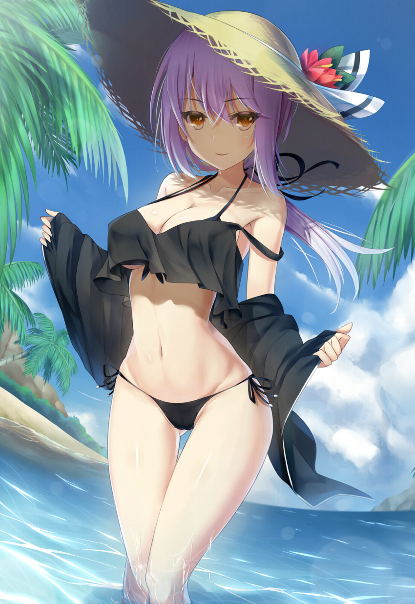 1girl artoria_pendragon_(all) artoria_pendragon_(lancer_alter) bikini black_bikini black_jacket cafeore clouds fate/grand_order fate/stay_night fate_(series) fisheye hat highres jacket long_hair looking_at_viewer open_clothes open_jacket outdoors palm_tree purple_hair saber_alter side-tie_bikini solo sun_hat swimsuit tree wading water yellow_eyes